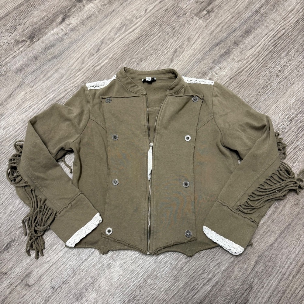 D-Signed Disney Girls Olive Green Fringe Military Jacket‎ Lace Trim Size L 14/16